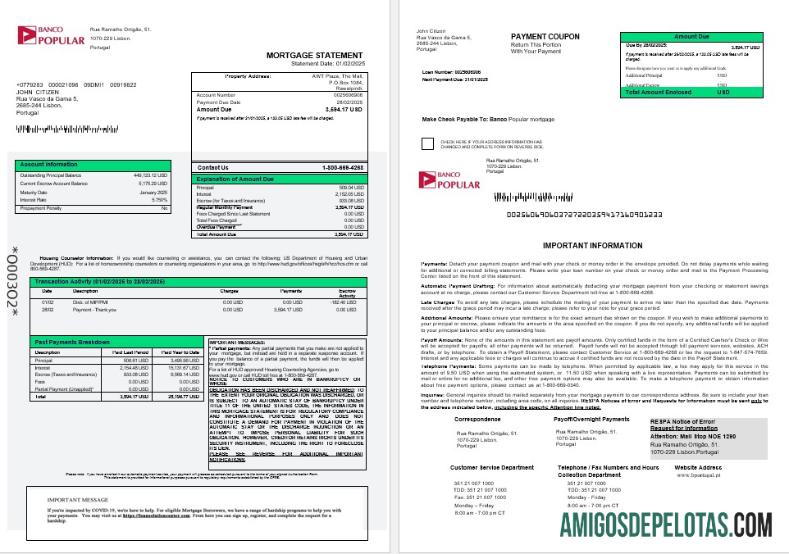 Extrato de hipoteca do Portugal Banco Popular em formatos Word e PDF 1 2 exemplo